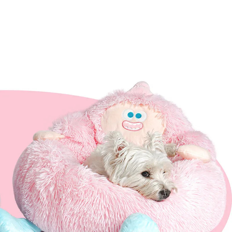 Circular grey plush pet nest bed with raised sides for cats and dogs