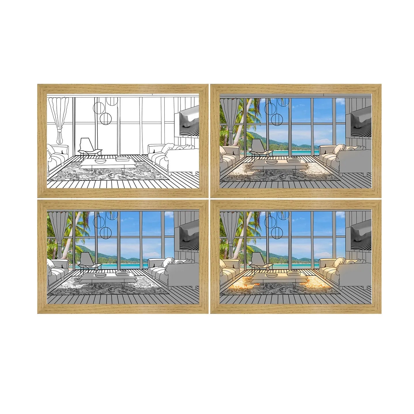 Illuminated LED decorative picture frame showing a scenic print with soft backlighting, featuring a wooden frame and a button switch.