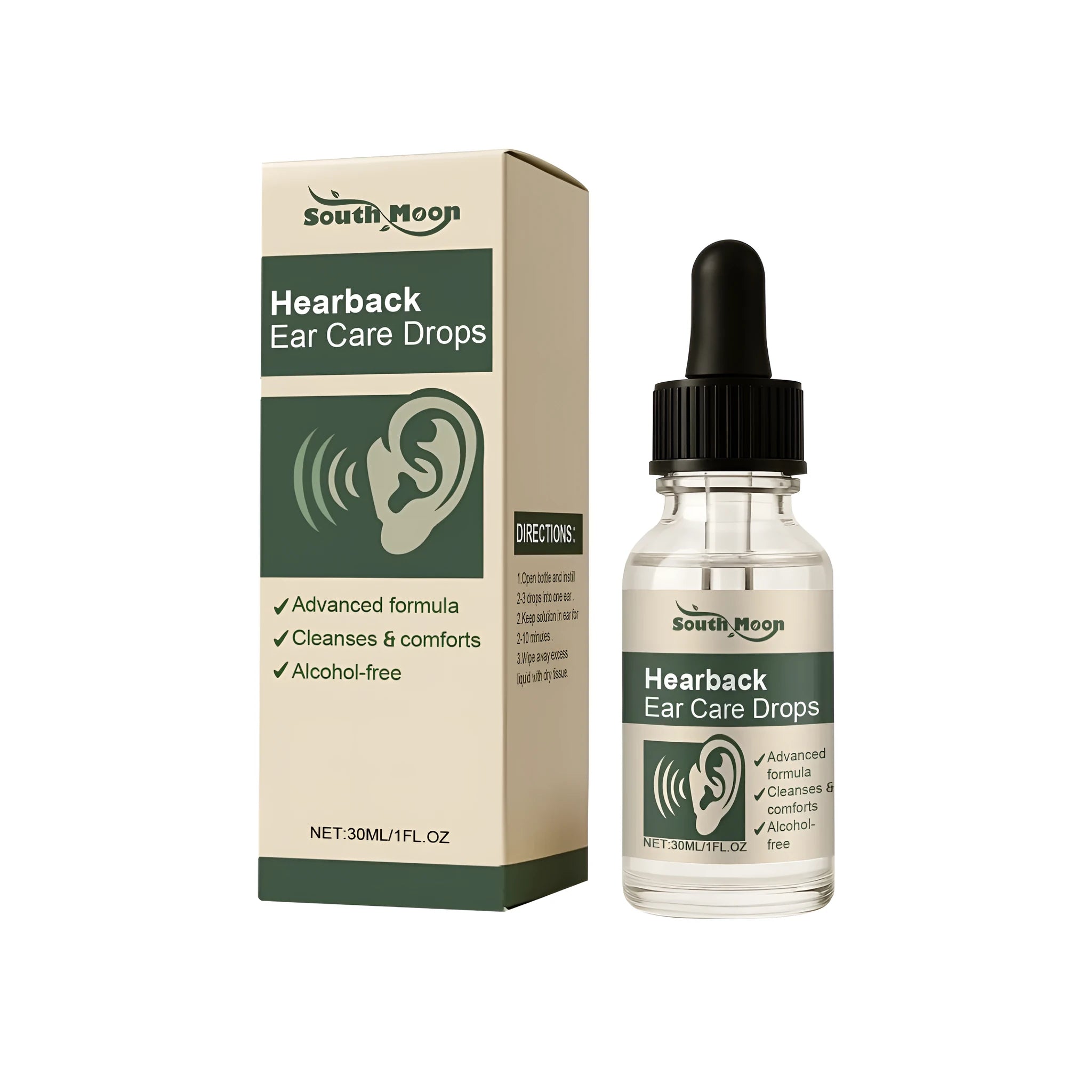 30ml bottle of herbal ear care drops with botanical ingredients list