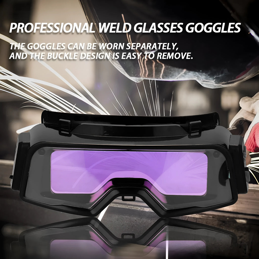 Black automatic changing light welding mask glasses showing large viewing area and headband