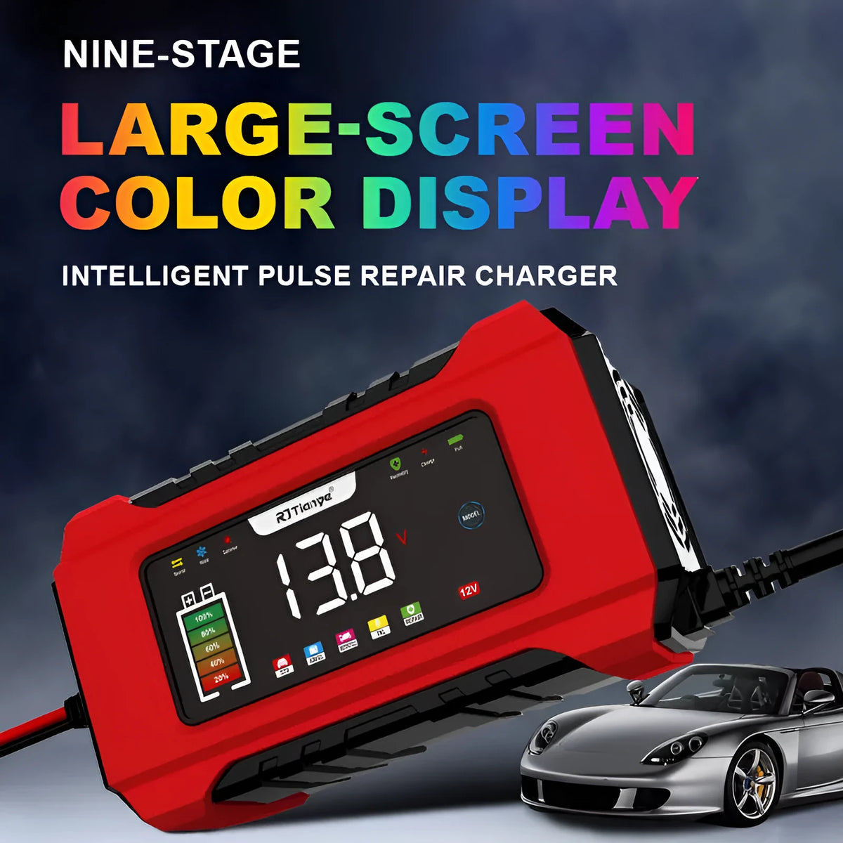 LED colour screen digital display automobile battery charger for 12V lead acid batteries with smart touch button and European plug