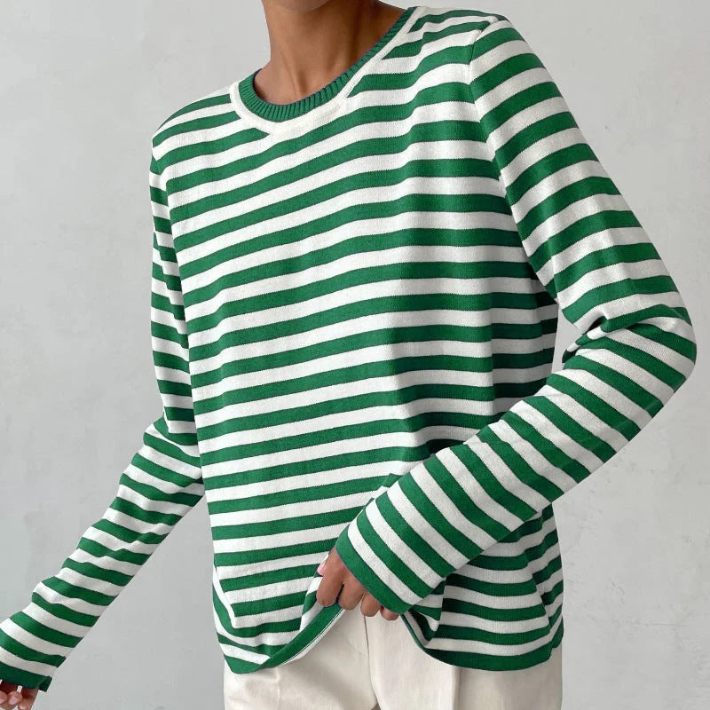 Women's knitted striped long sleeve sweater in various colours