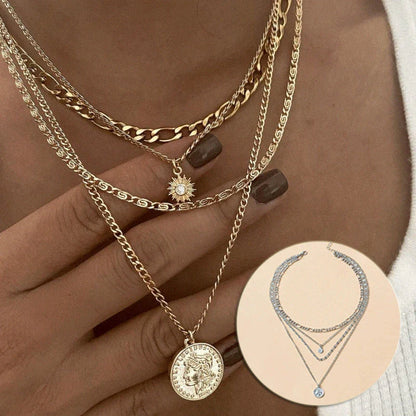 Glamorous layered gold coin necklace for women, featuring a delicate chain and shimmering gold coin charms