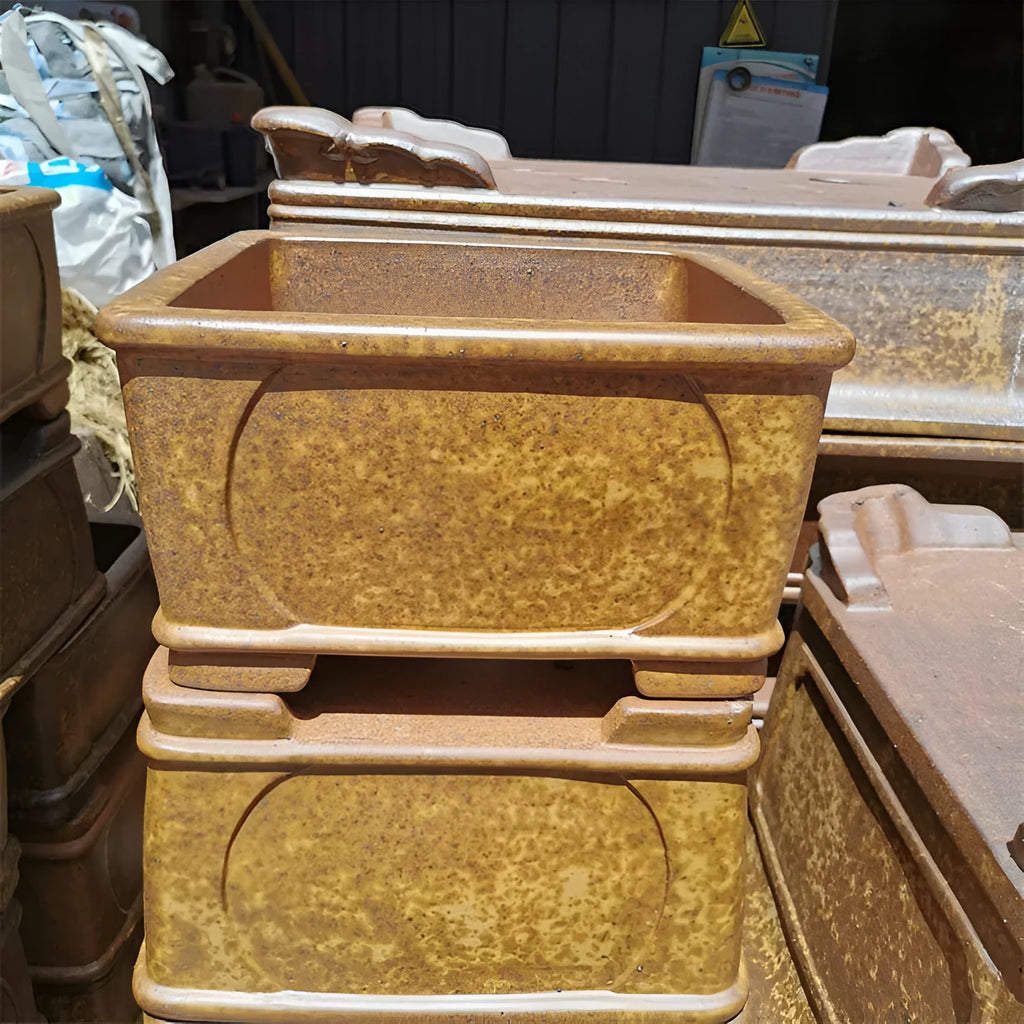 Set of two brown square purple sand bonsai pots with Chinese style design