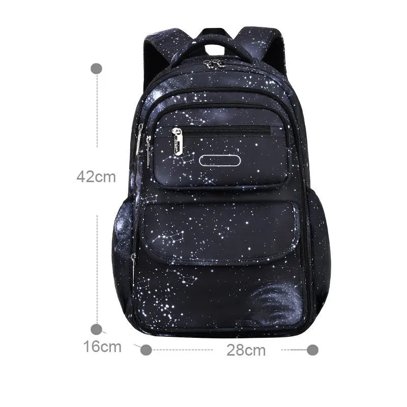 Primary school backpack in royal blue with nylon material, letter print pattern, and side opening