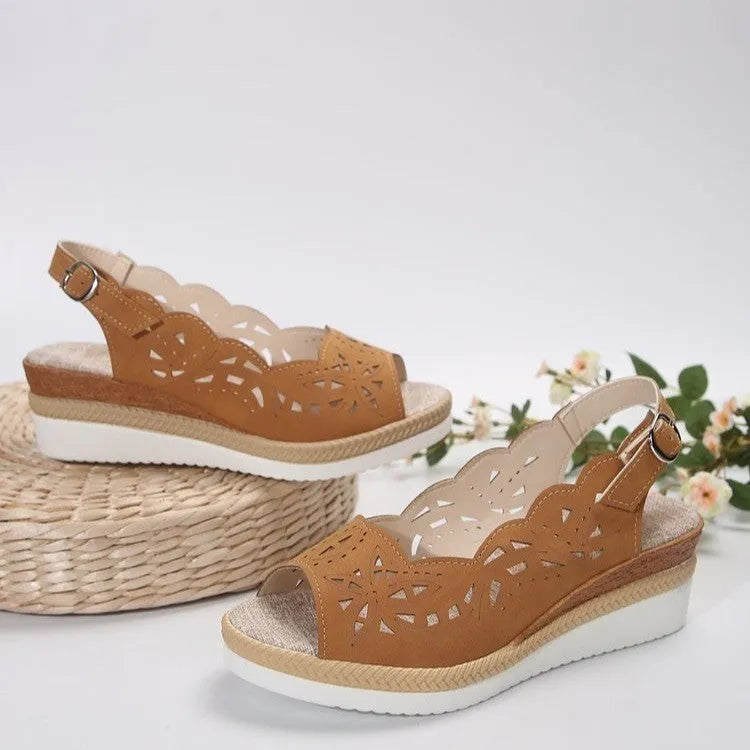 New fish-mouth wedge sandals for women summer thick sole hollow buckle roman shoes in black, light brown, red