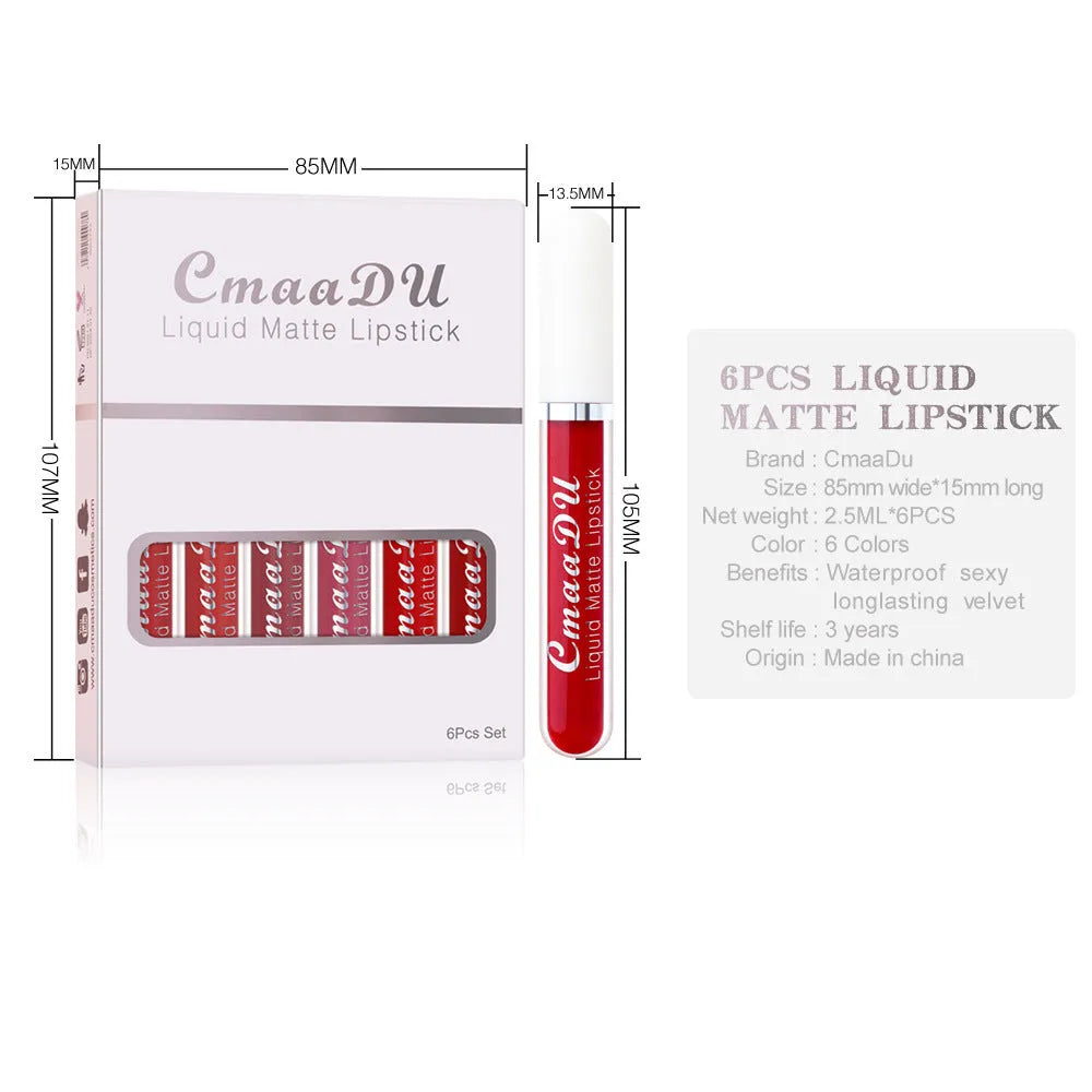 Six boxes of matte waterproof lip gloss with non-stick design in styles A-F