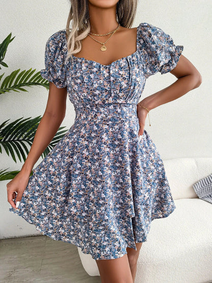 Stylish floral mini dress with ruffled hem, high waist, and short sleeves in various colors