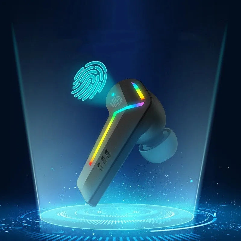 Black wireless TWS Bluetooth sports headset with low-latency gaming audio.