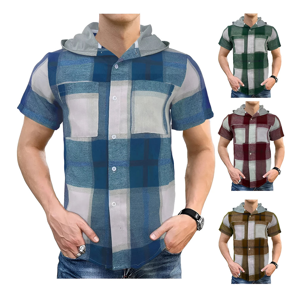 Men's casual hooded short-sleeved plaid shirt in green plaid polyester