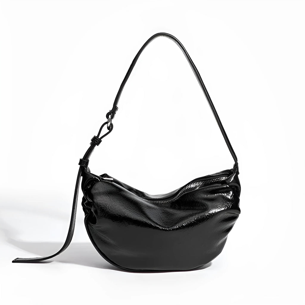 Black pleated shoulder bag with three-dimensional pocket in dumpling shape PU leather