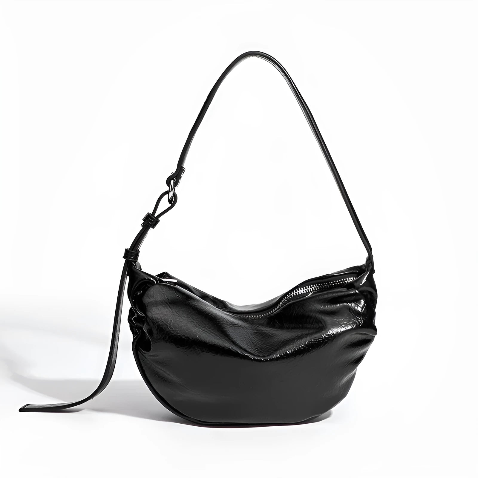 Black pleated shoulder bag with three-dimensional pocket in dumpling shape PU leather