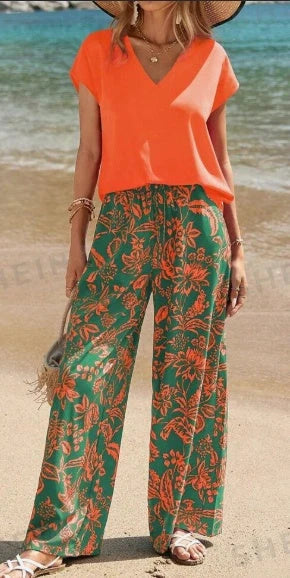 Women's V-Neck Top and Botanical Print Pants Set in woven fabric