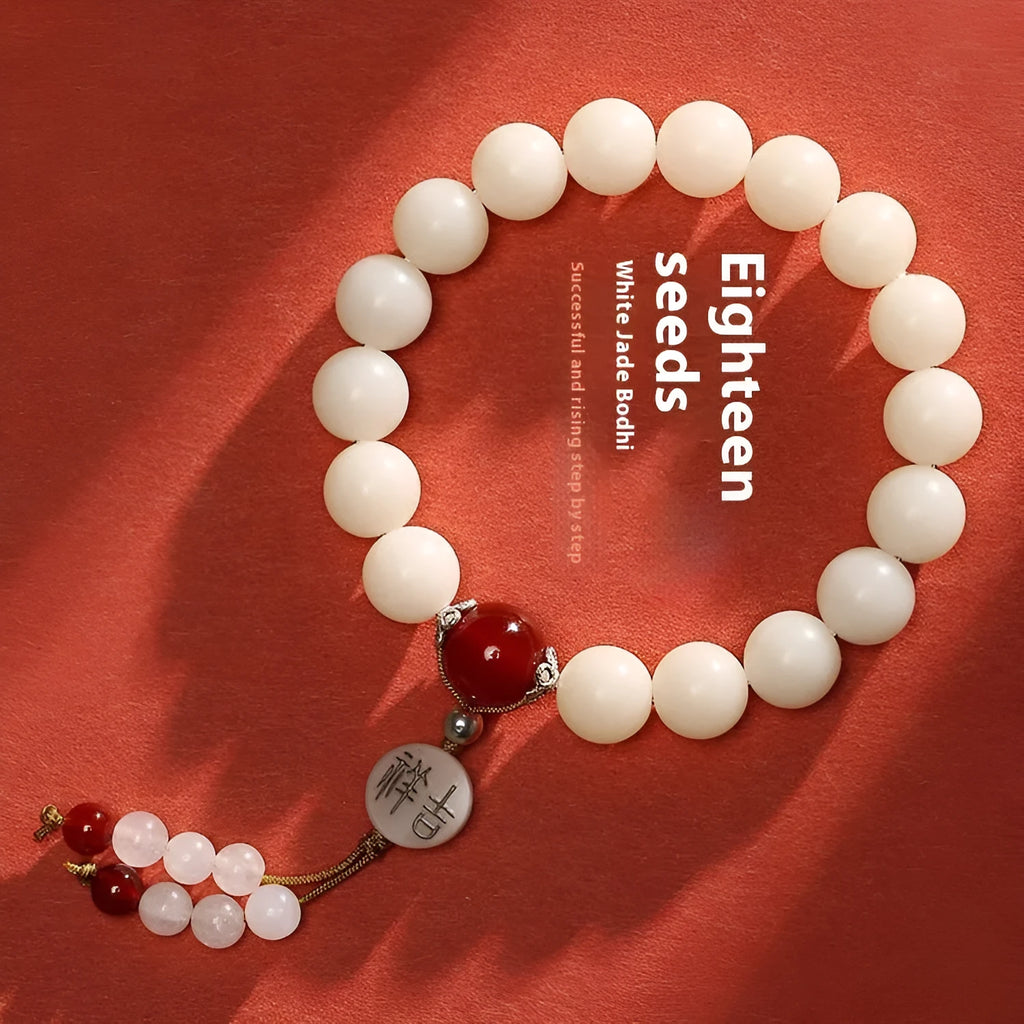 National style couple bracelet with white jade and 10mm Bodhi beads in red, black, or gold colours