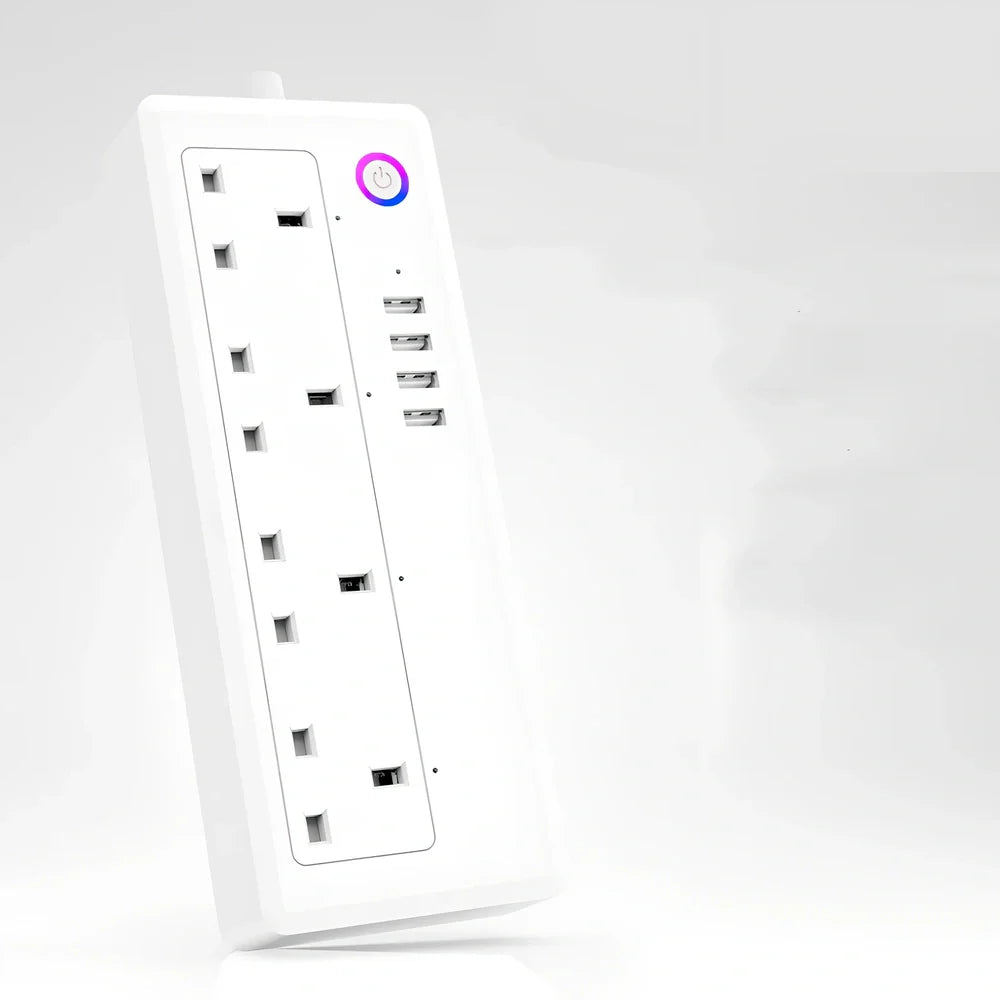 UK three-pin WIFI smart plug adapter with four outlets and USB ports for remote control via app or Alexa