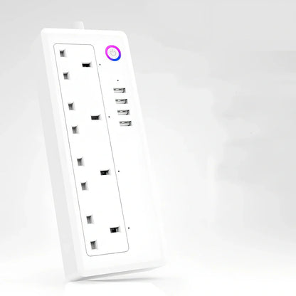 UK three-pin WIFI smart plug adapter with four outlets and USB ports for remote control via app or Alexa