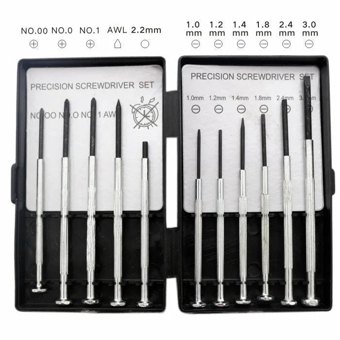 TH-6177 11-piece clock screwdriver set with cross-head and flat-head drivers on a workbench.