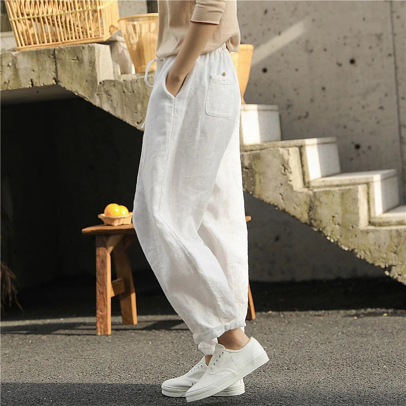 Women's artistic linen baggy pants with embroidery detail in white