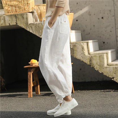 Women's artistic linen baggy pants with embroidery detail in white