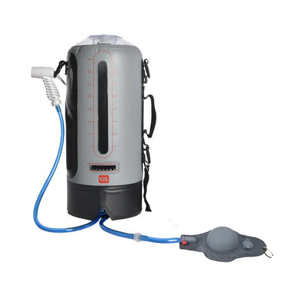 Grey 12L PVC solar shower bag measuring 43cm tall with 17cm diameter for outdoor camping