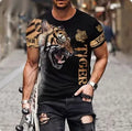 Men's black T-shirt with a large, textured 3D lion graphic print on the chest.
