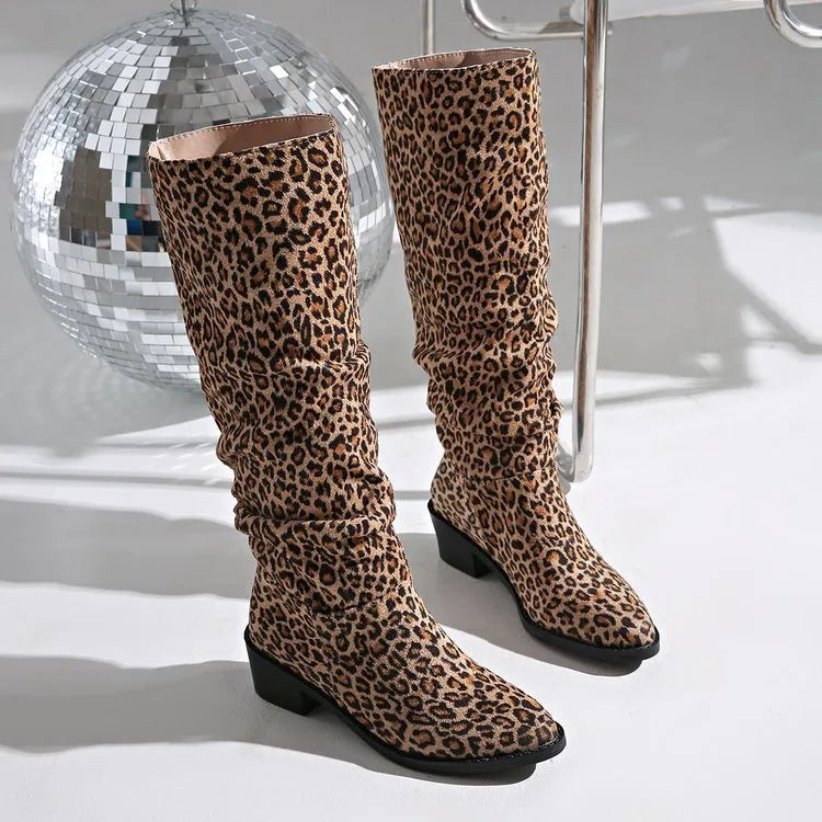 Brown leopard print women's boots with a square toe and chunky mid heel.