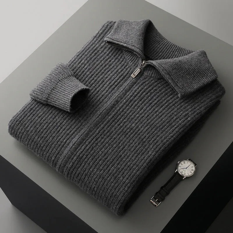 New pure wool zipper cardigan for men in dark gray with lapel collar and front zip, shown on a model