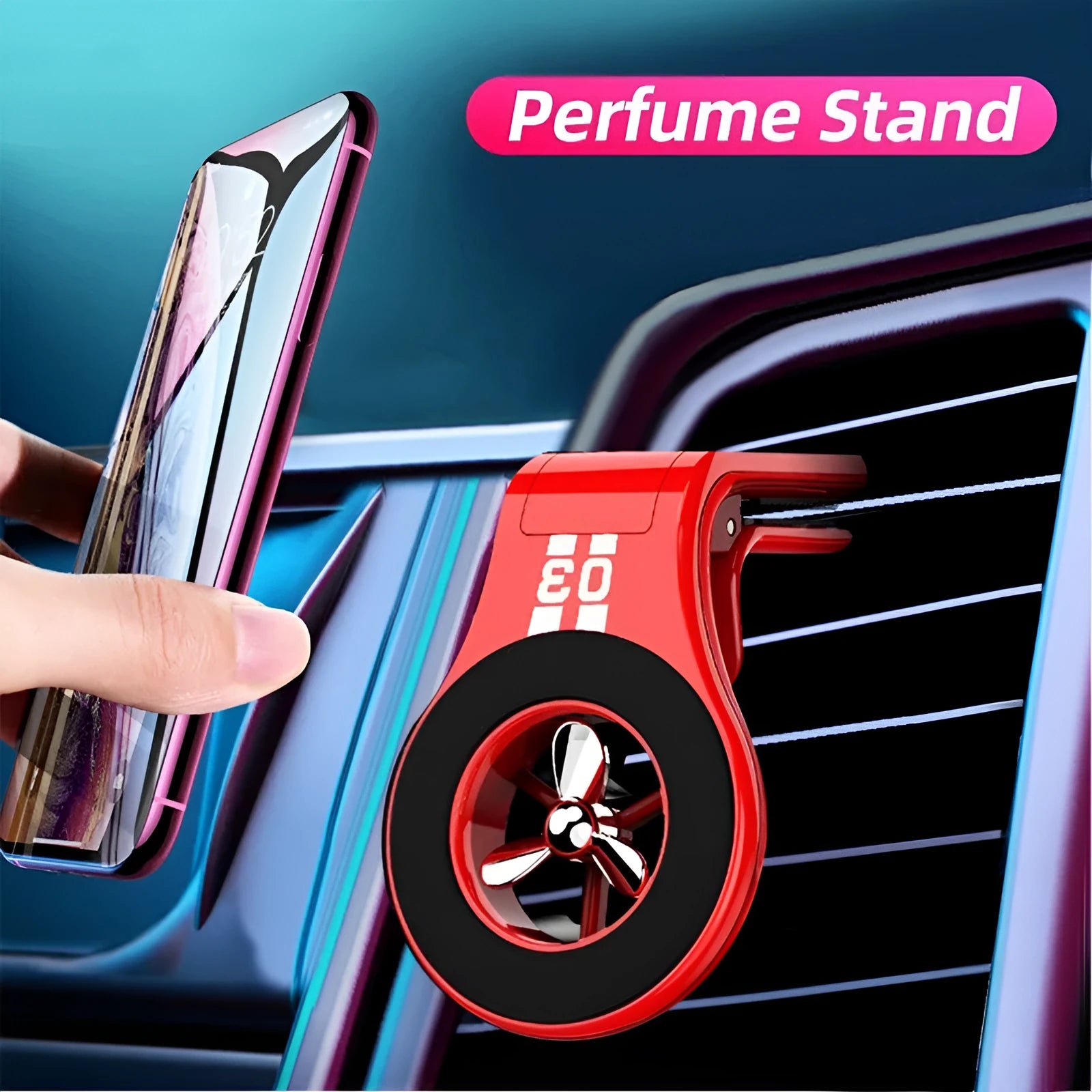 Magnetic car phone holder mounted on air vent with smartphone attached and fragrance slices