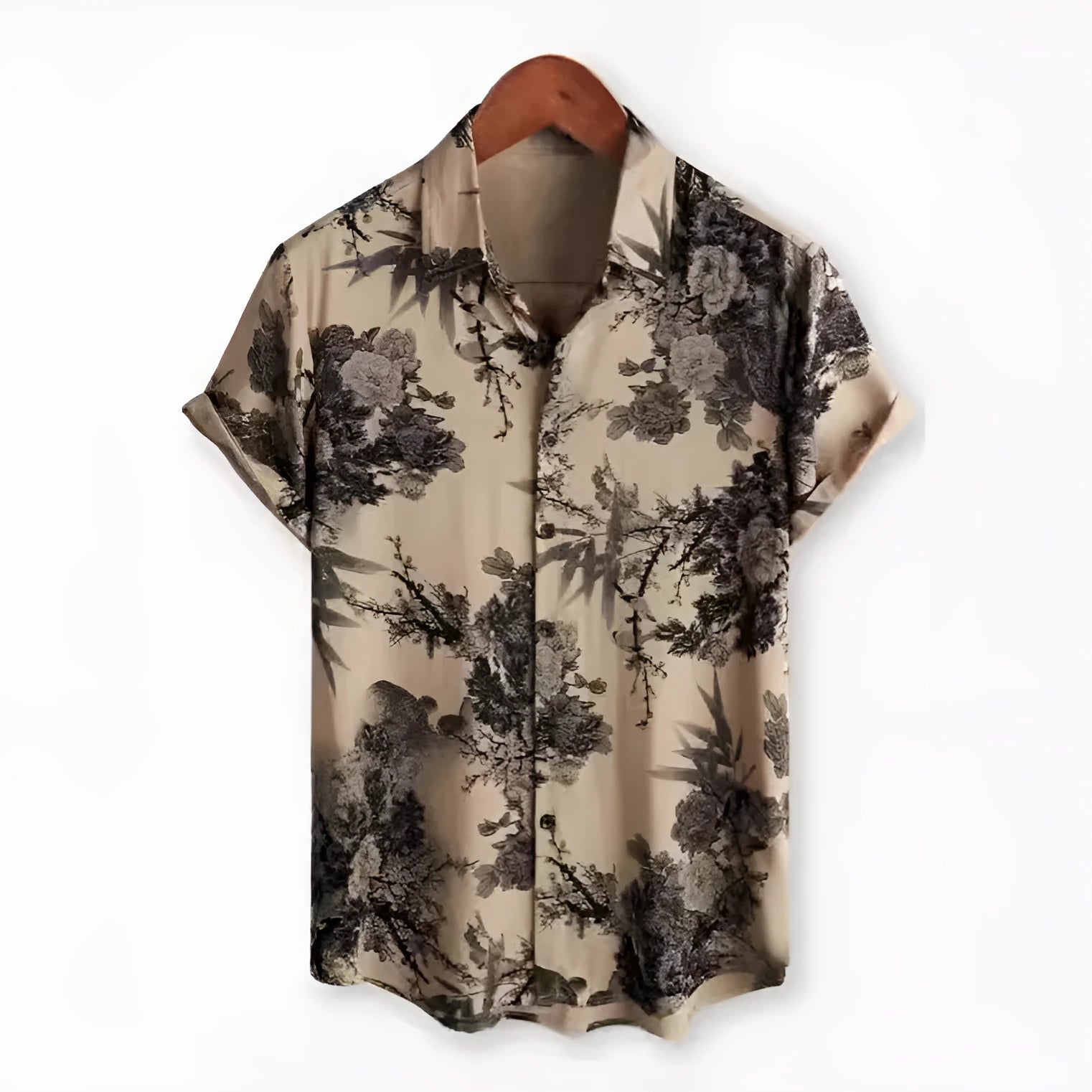 Hawaiian floral print short sleeve shirt with lapel collar in elastic polyester fabric.
