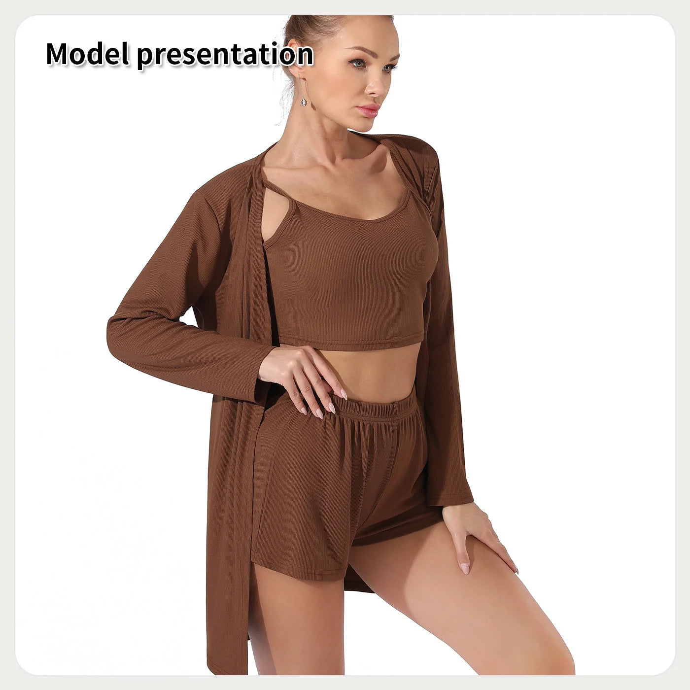 Women's solid colour suit set in Black or Coffee, includes top, shorts, and jacket
