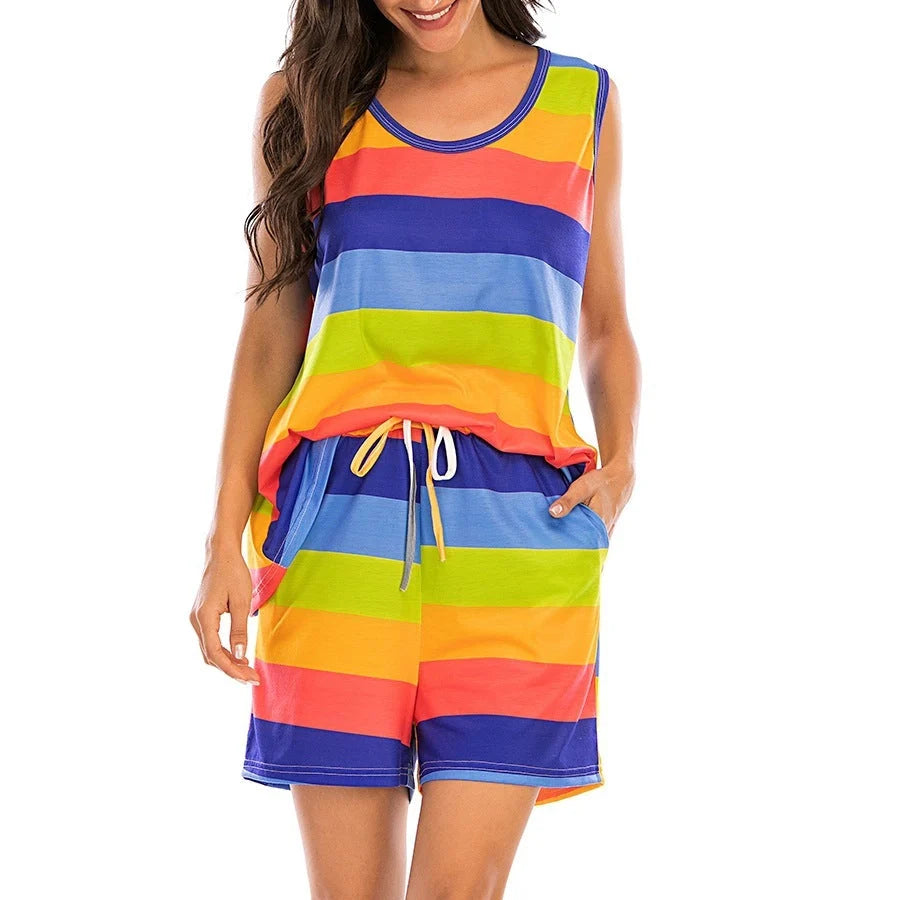 Women's rainbow stripes short sleeve pajama set in imitation cotton