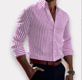 Men's stripe print long sleeve lapel button shirt, loose cardigan style in pink, front view