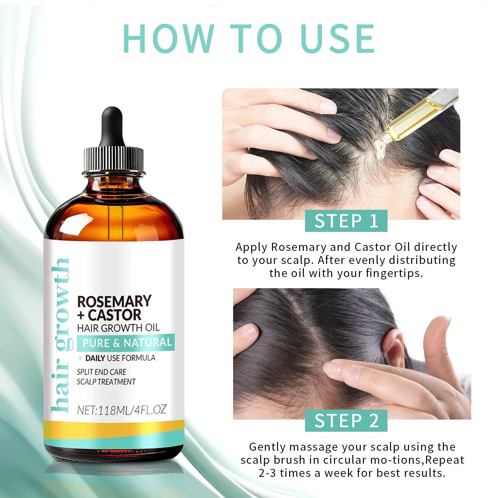 Bright yellow 118ml hair treatment oil bottle with integrated massage brush for dense long hair care