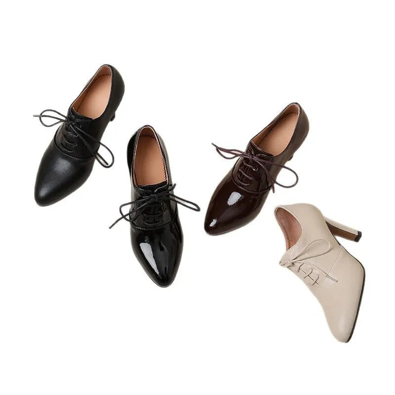 High heel lace-up cowhide leather pointed wedge loafers in wine red