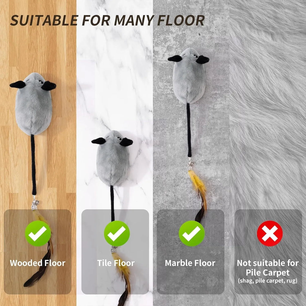 Grey and yellow rechargeable LED automatic moving cat mouse toy with feather and bell tail on floor