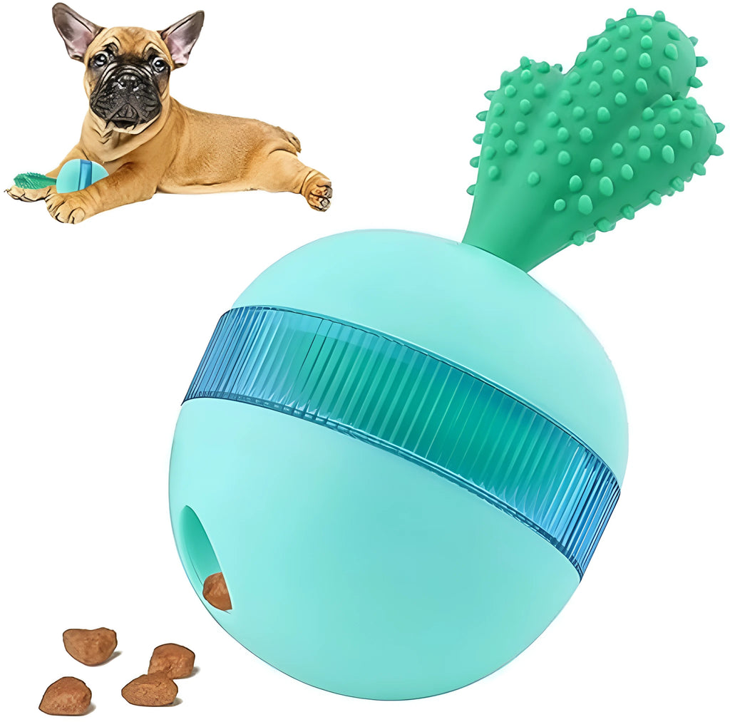 Blue durable rubber dog toy ball with treat dispensing holes for medium to large dogs.