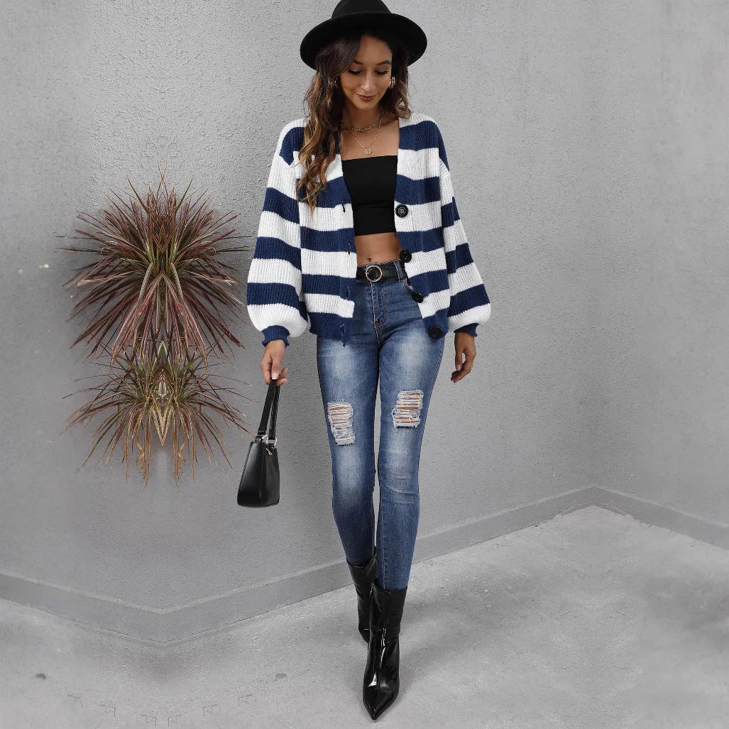 Women's striped deer plush woven cardigan sweater in blue, shown with button front and regular sleeves.