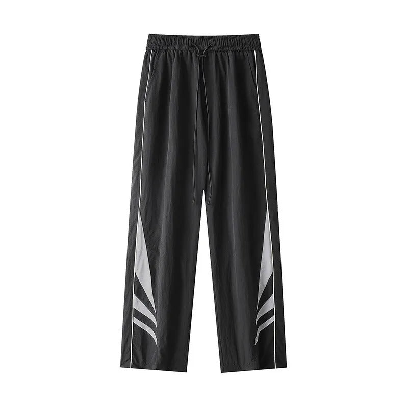 Men's black straight leg plus size casual sports trousers on a hanger.