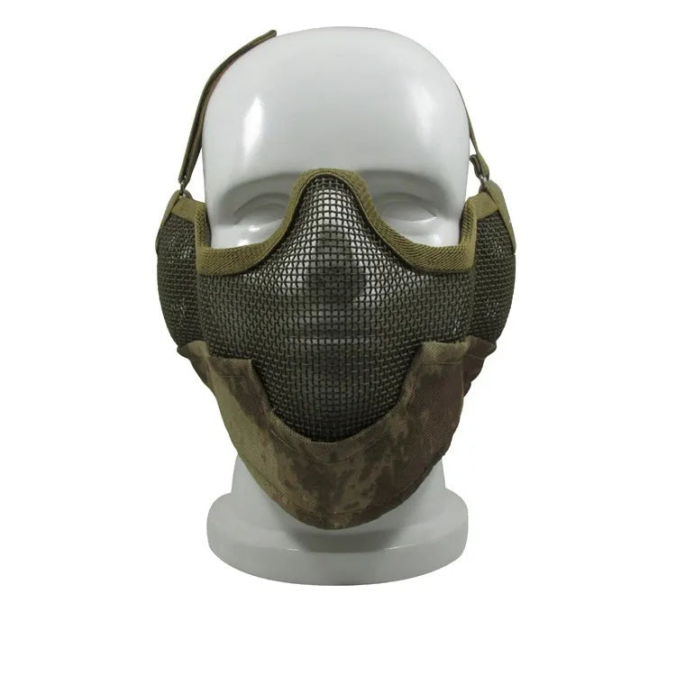 Carbon steel net protective face mask with head-mounted straps in a camouflage pattern.