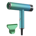 Green and purple foldable hair dryer with collapsed handle for compact storage