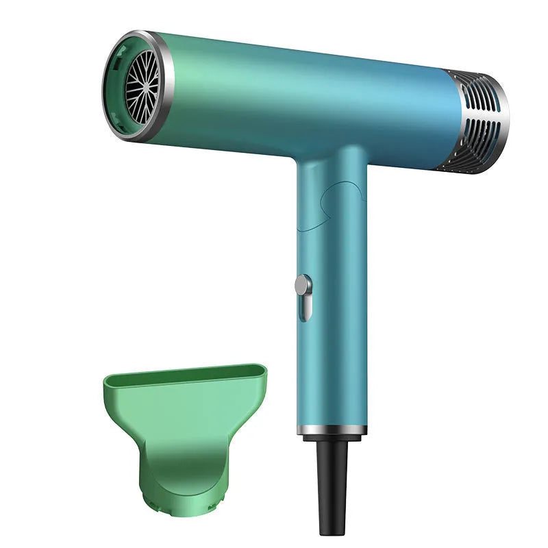 Green and purple foldable hair dryer with collapsed handle for compact storage