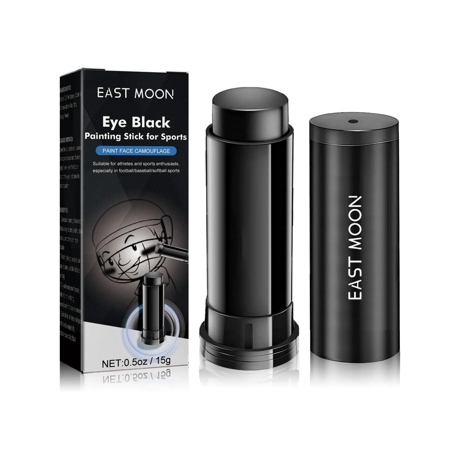 Sports eye black paint stick in black finish with 15g net content for athletic glare reduction.
