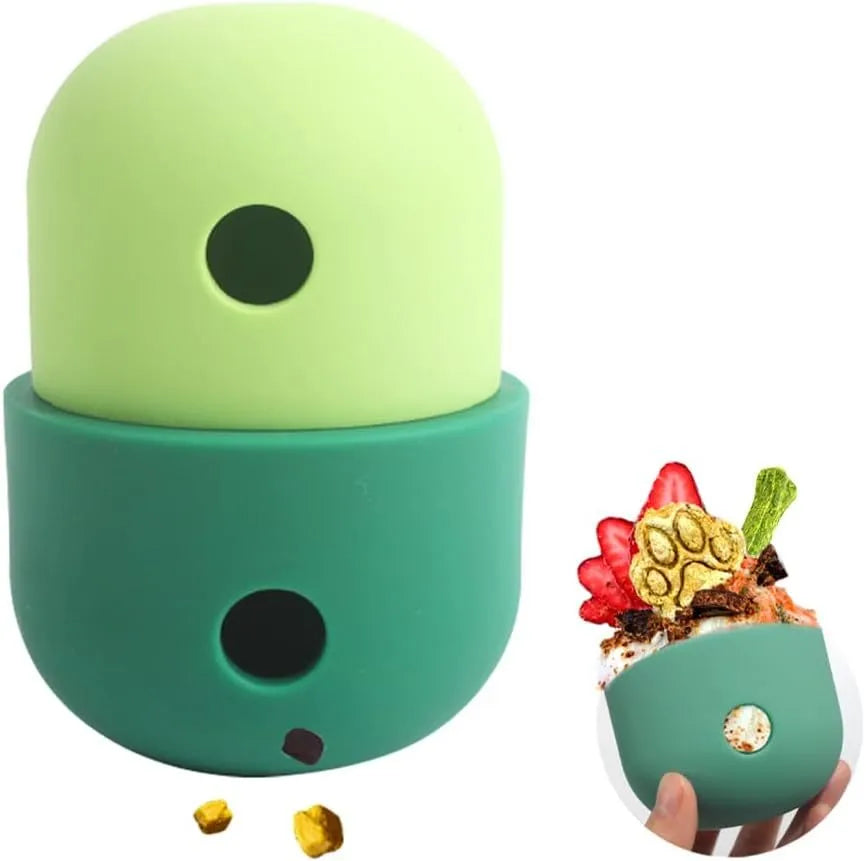 Dog treat puzzle toy in food grade silicone measuring 8x11cm with interactive chase design