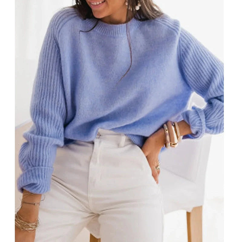 Milk blue Bedford cord sweater with round collar and long sleeves, perfect for casual wear.