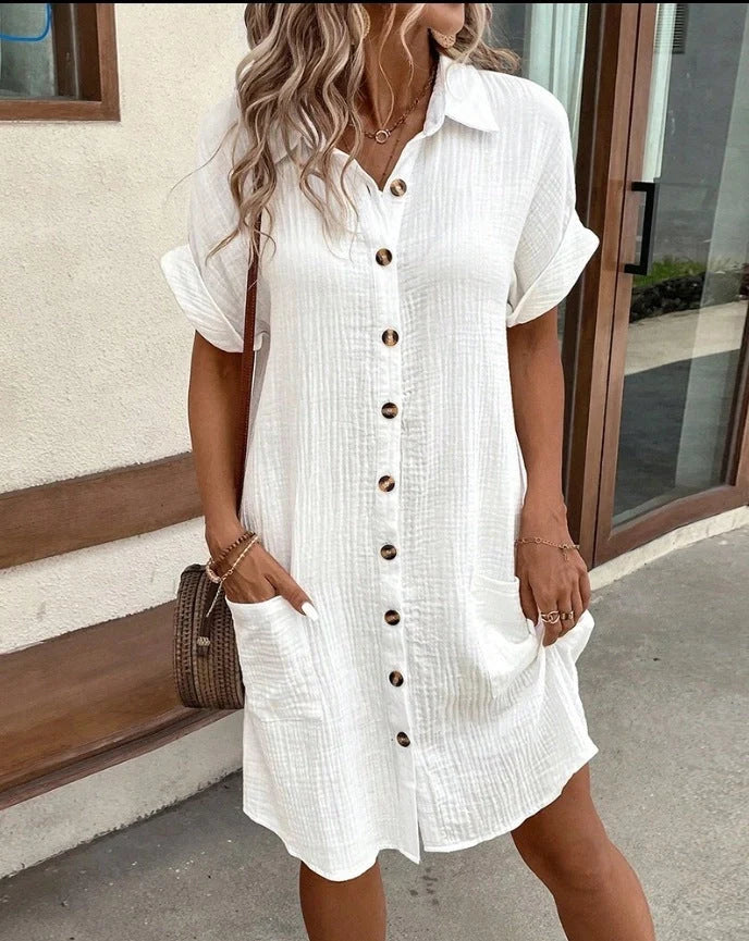 Summer short sleeve shirt dress in various colours, showcasing loose fit and mid-length design