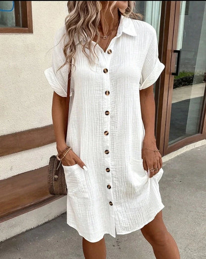 Summer short sleeve shirt dress in various colours, showcasing loose fit and mid-length design