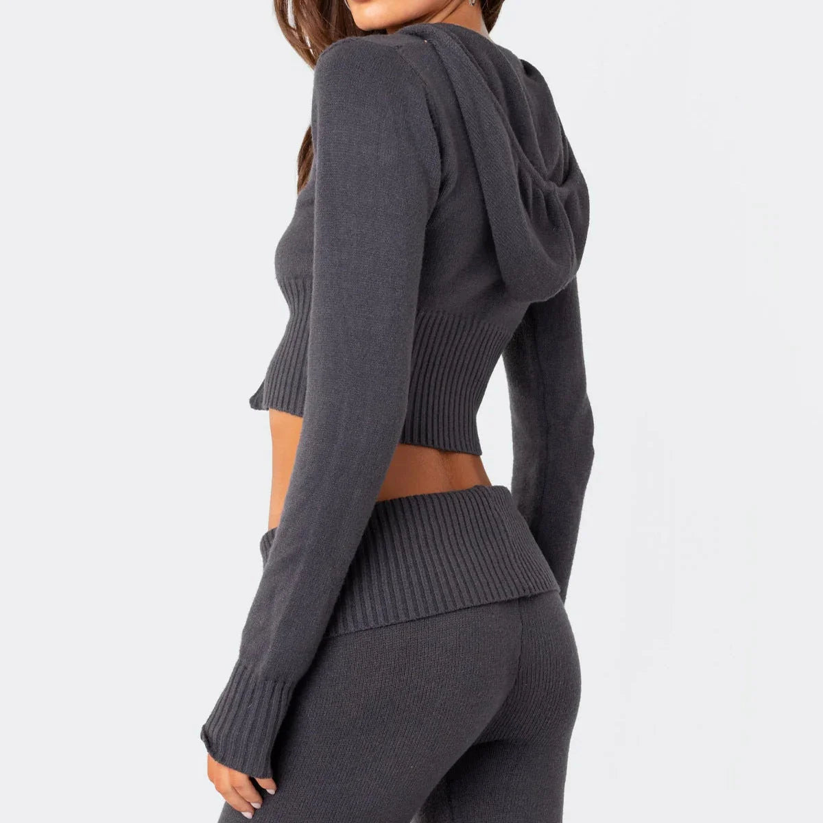 Women's knitted hooded suit with zipper cropped top and slim flared pants in street fashion style