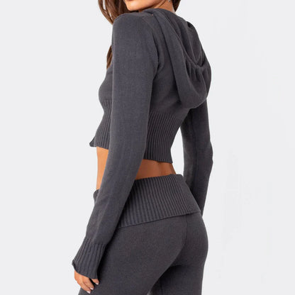 Women's knitted hooded suit with zipper cropped top and slim flared pants in street fashion style