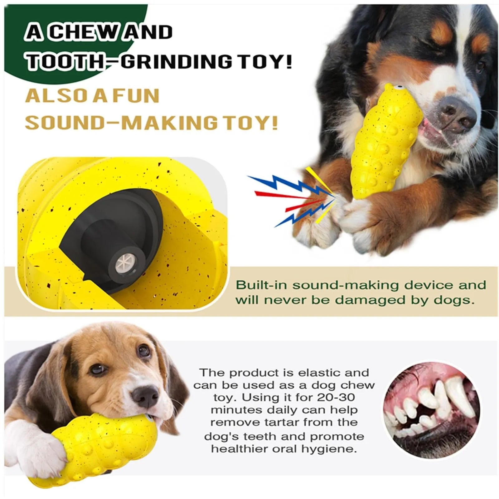 Indestructible squeaky dog chew toy for aggressive chewers in green and yellow food grade material