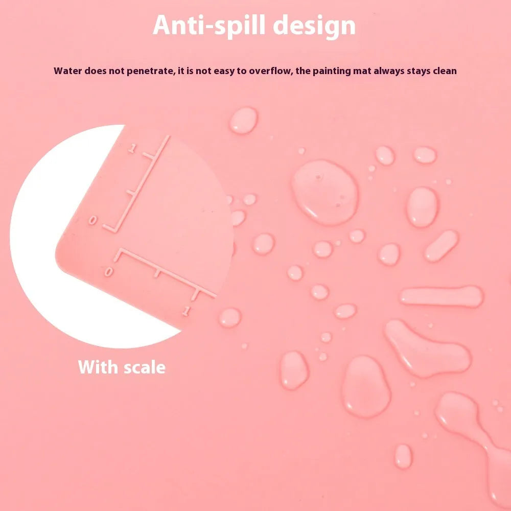 Green silicone painting pad measuring 50x40cm with integrated water bowl for watercolour art